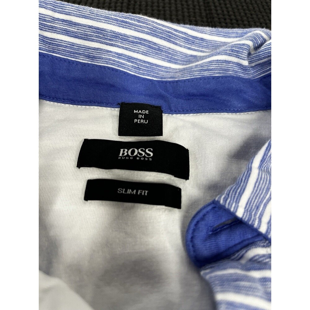 HUGO BOSS Slim Fit Polo Shirt Mens Blue White Striped Short Sleeve Slub Size M